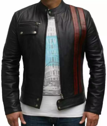 Picture of Men’s Black Racer Leather Jacket with Red Racing Stripes