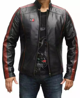 Picture of Men’s N7 Mass Effect Inspired Black Leather Jacket with Red Stripes