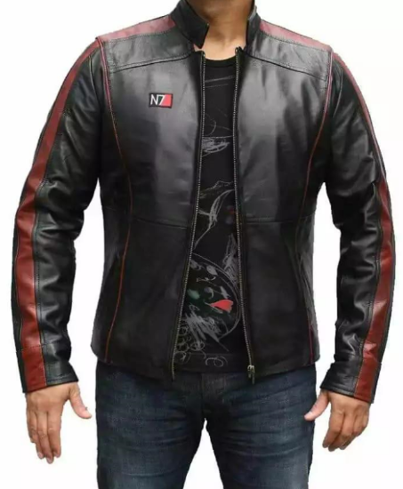 Picture of Men’s N7 Mass Effect Inspired Black Leather Jacket with Red Stripes