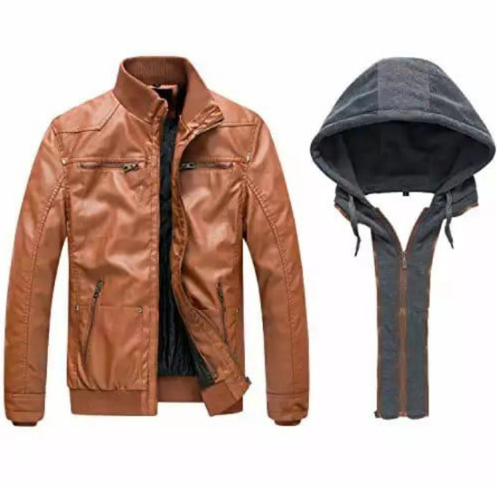 Picture of Men’s Tan Faux Leather Bomber Jacket with Detachable Hoodie